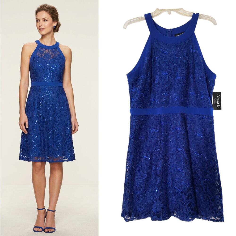 Alexa B Nites Cocktail Party Dress 14W Blue Lace Sequins Halter Neckline NWT